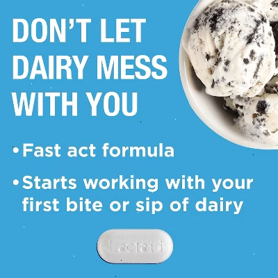 Lactaid Fast Act Lactase Enzyme Supplement Caplets Vanilla Flavor for Dairy Digestion Support, 12 Count