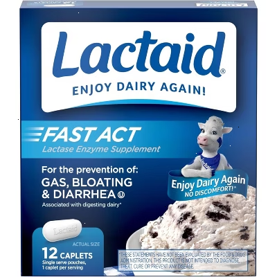 Lactaid Fast Act Lactase Enzyme Supplement Caplets Vanilla Flavor for Dairy Digestion Support, 12 Count